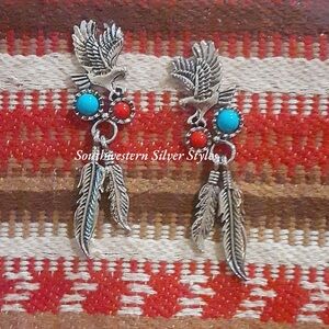 Vintage Sterling Silver Plated Eagle Feathers Turquoise Red Coral Bead Earrings